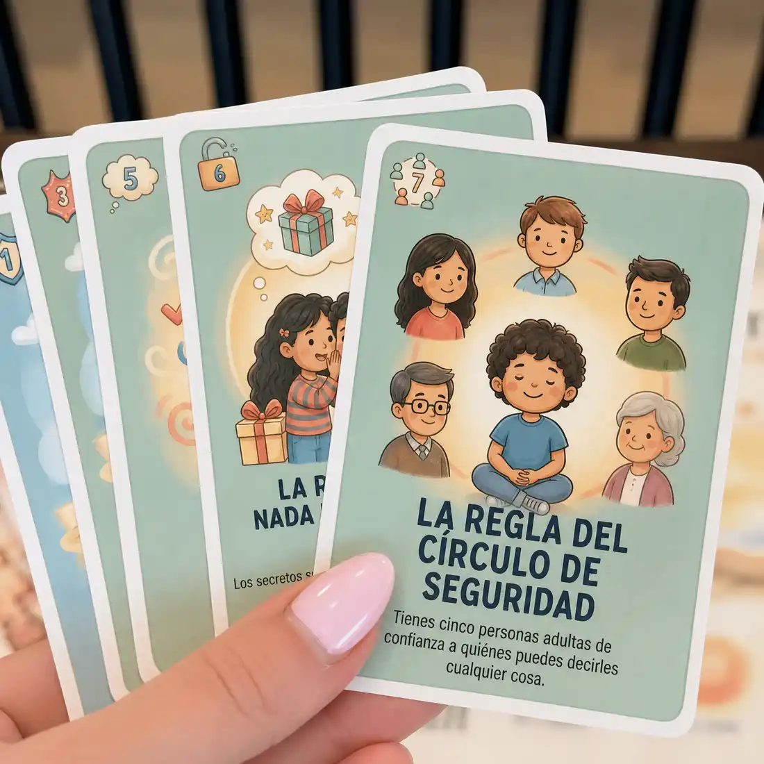 Mano sosteniendo las tarjetas de reglas: La Regla del Círculo de Seguridad